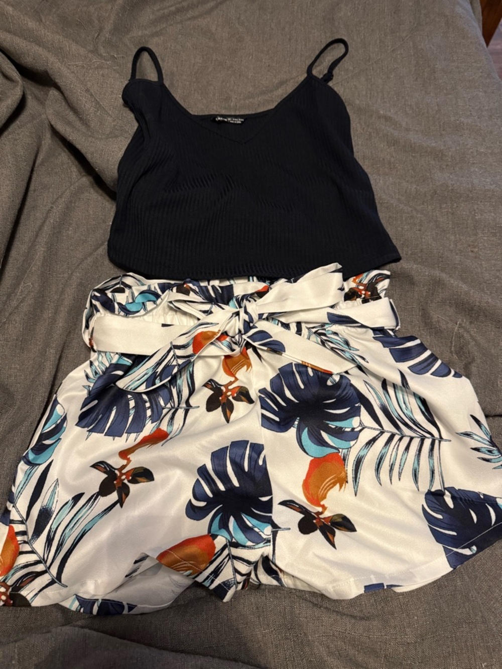 SHEIN Black Ribbed V-Neck Top with high waisted shorts